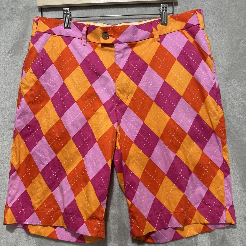 Loudmouth Raspberry Surebet Golf Shorts Men's 34 Diamond Print Mid Rise Stretch